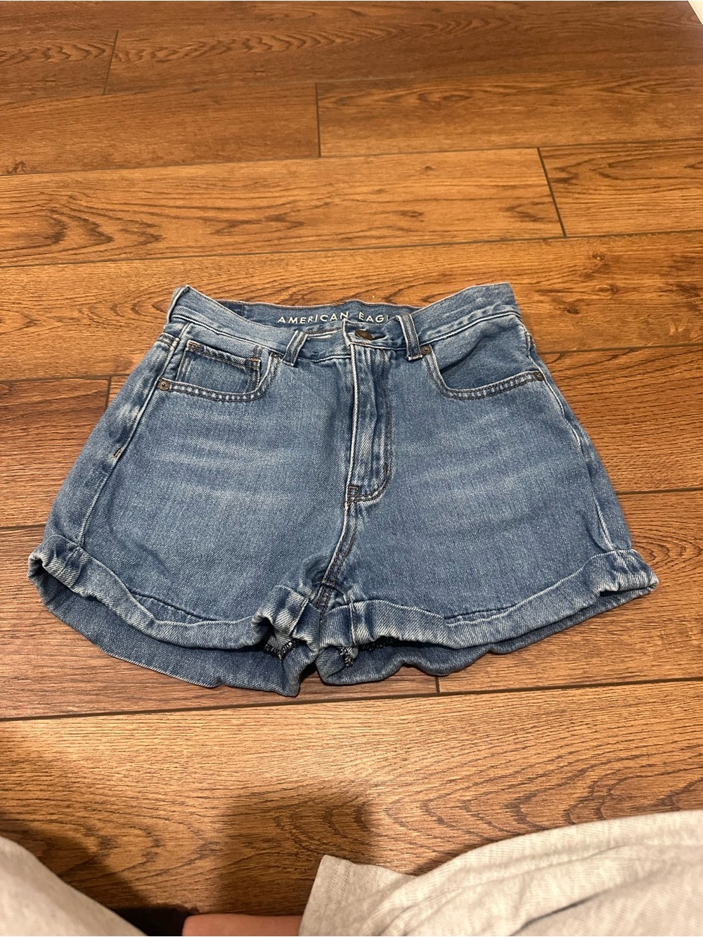 American Eagle Outfitters Mid-Blue High-Waist Rolled Hem Denim Shorts